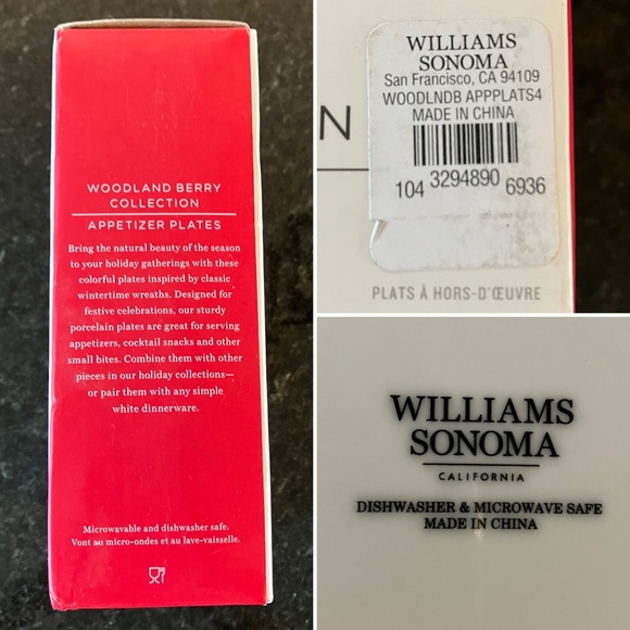 New Williams Sonoma Woodland Berry Appetizer Plates, Set of 4, Mixed Dinnerware